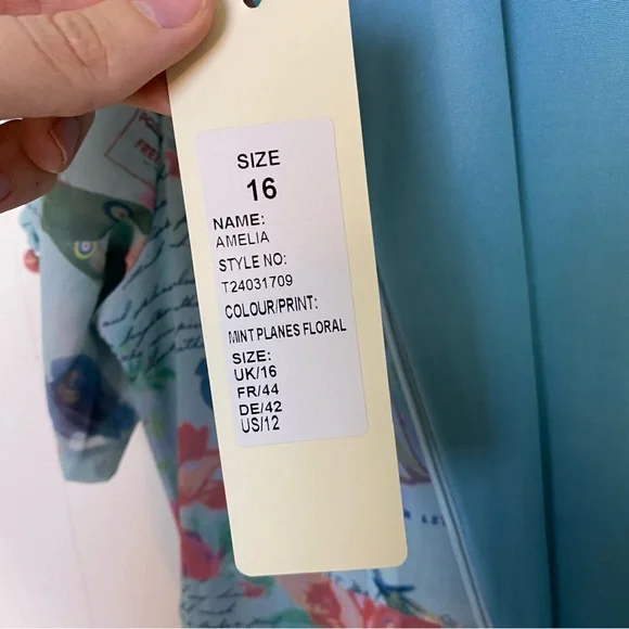 NWT Lindy Bop Retro Amelia Dress Mint Planes Floral Size US 12 Love Letters Blue - Picture 16 of 16